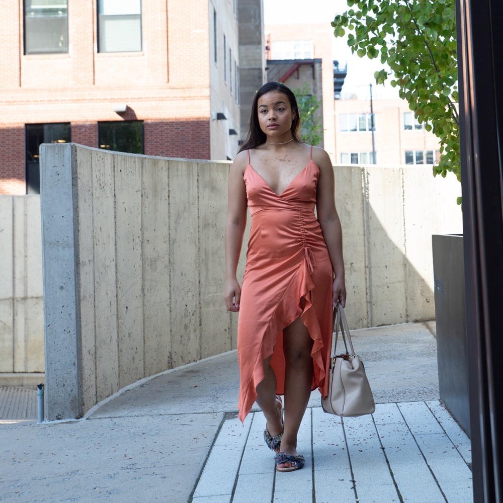 Tangerine Satin Midi Dress
